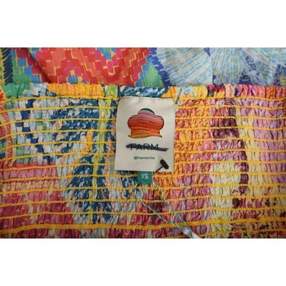 Farm Rio Womens Summer Tapestry Mini Dress XS Blouson sleeves Multicolor Smocked - Picture 7 of 7